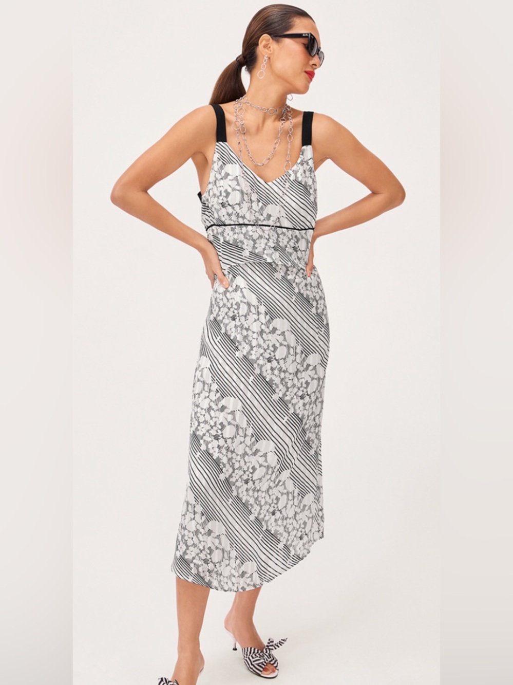 Cabi #6617 Black & White Striped Floral Midi Dress Size L NWT